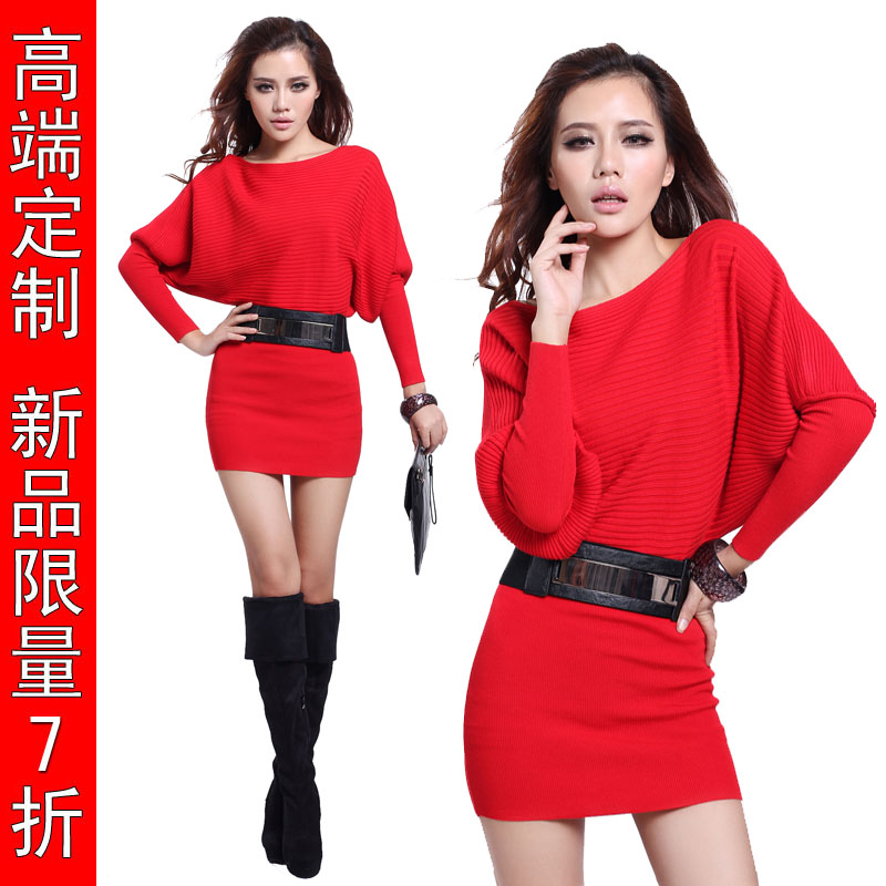 High quality 2012 autumn and winter new arrival female solid color slit neckline medium-long knit dress sweater s08