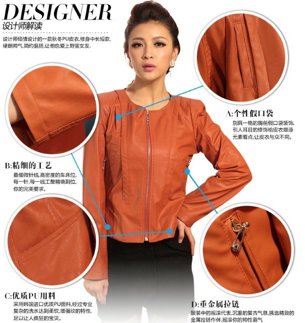 High quality 2012 EUR  New Autumn Women trendy PU jacket long sleeves o-neck design Slim Leather Coat suitable for party