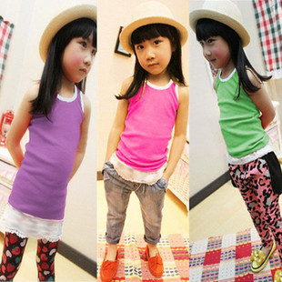 High quality 2012 girls clothing child vest basic shirt baby decoration lace spaghetti strap top 100% cotton