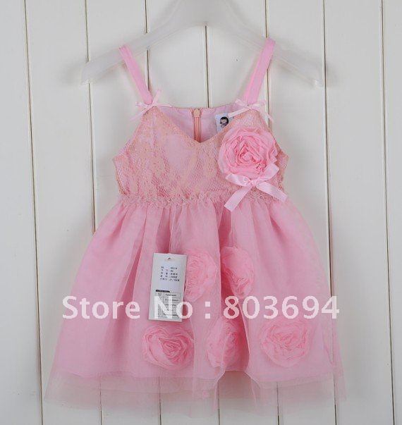 high quality 2012 new Girls dress with Flowers 5PCS/lot Baby dress, Children dress pink-01