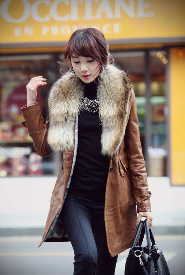 High quality 2012 Winter Fashion Medium-long slim Raccoon Fur coat leather overcoat fur Collar Women Outerwear Plus Size