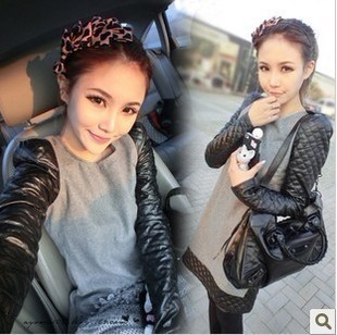 High quality ! 2012 women's ladies small plaid leather patchwork medium-long woolen one-piece dress