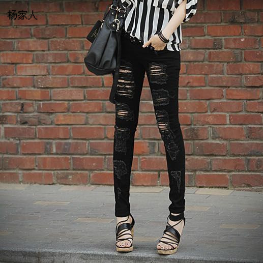 High Quality !! 2013 100% cotton personality retro hole finishing skinny jeans pencil pants female boot cut jeans