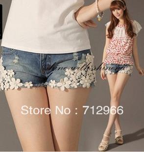 High quality 2013 hot sell new fanshion  lace flower beaded denim shorts jeans free shipping