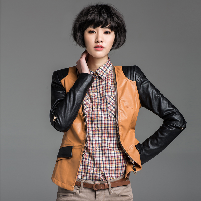 High quality 2013 spring and autumn women short design slim o-neck collarless PU leather  jacket,free shipping