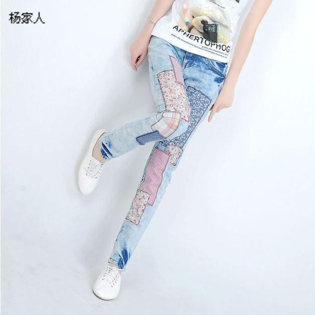 High quality ! 2013 spring denim series multicolour patchwork wearing white skinny jeans elastic pencil pants