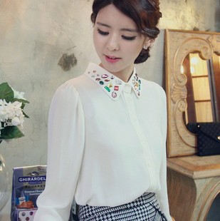 high quality 2013 spring new vintage stone beads blouse women long sleeve chiffon ladies shirt white nice beige EQ1734
