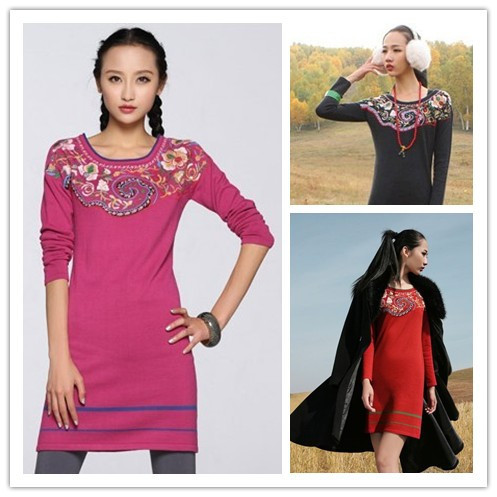 High quality!2013 Women's Exotic Folk Style Cardigan Knitwear Long Sleeve Delicate Embroidery One-piece Dress Sweater Z1859