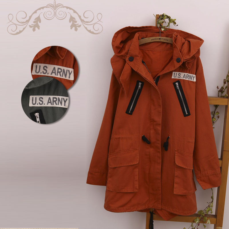 High quality armey 2012 women's medium-long with a hood trench stamp pattern outerwear female