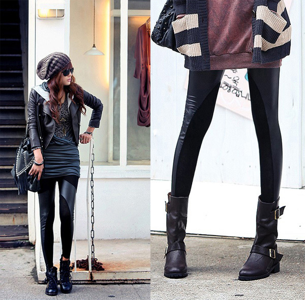 High quality Autumn and winter fashion female cotton black faux leather patchwork irregular legging ankle length trousers