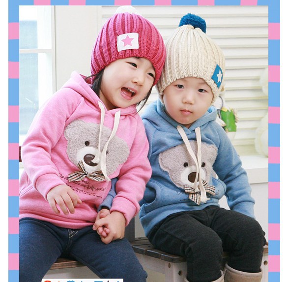 High quality Baby girls/boys Cartoon bear hoodies 2 colors kids Thick sweatshirts infant cotton clothes