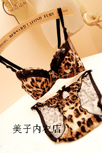 High quality black lace underwear sexy leopard print bra set 100% cotton push up underwear 3 breasted