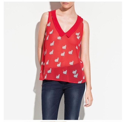 High Quality Chiffon Women Blouse Print White Cat Tank Peter Pan Collar Shirt Freeshipping