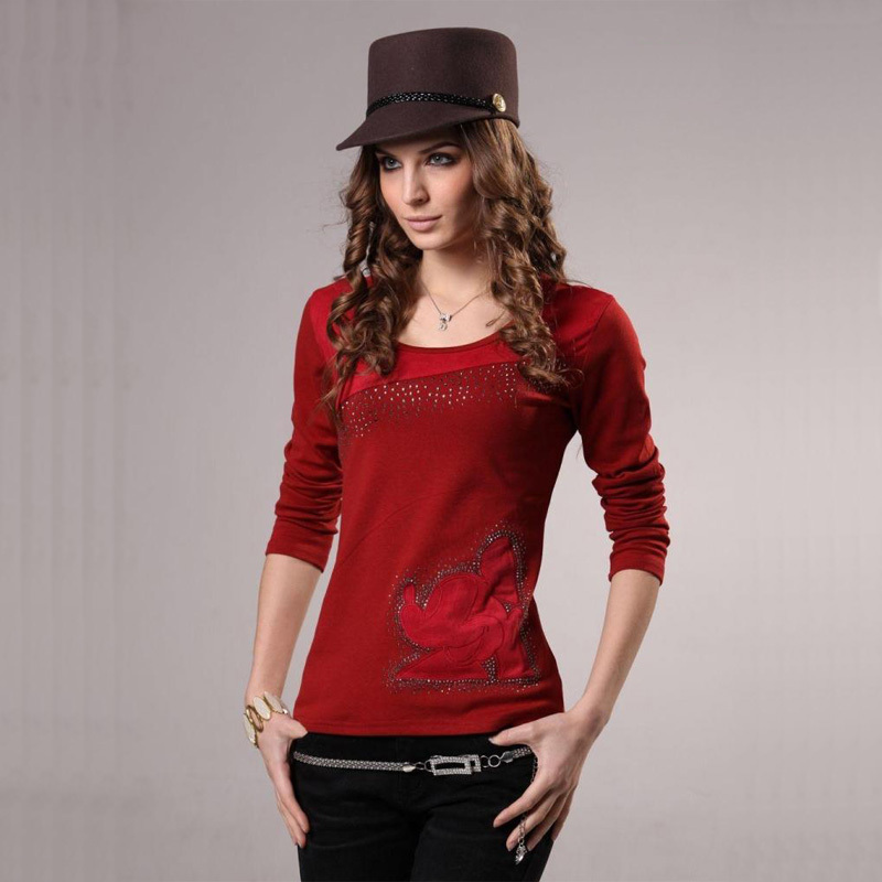 High quality cotton sanded leather velvet patchwork o-neck slim diamond basic shirt long-sleeve T-shirt female 2012 a216