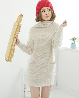 High Quality Elegant Korean High Collar Pocket Decorated Pure Color Long Sweater Free Shipping