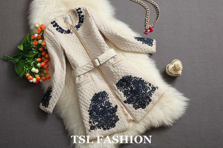 High quality fashion 2013 winter spring coat for women Embroidery Waistband Beige M L XL 2XL 3XL 4XL 5XL 6XL Free shipping