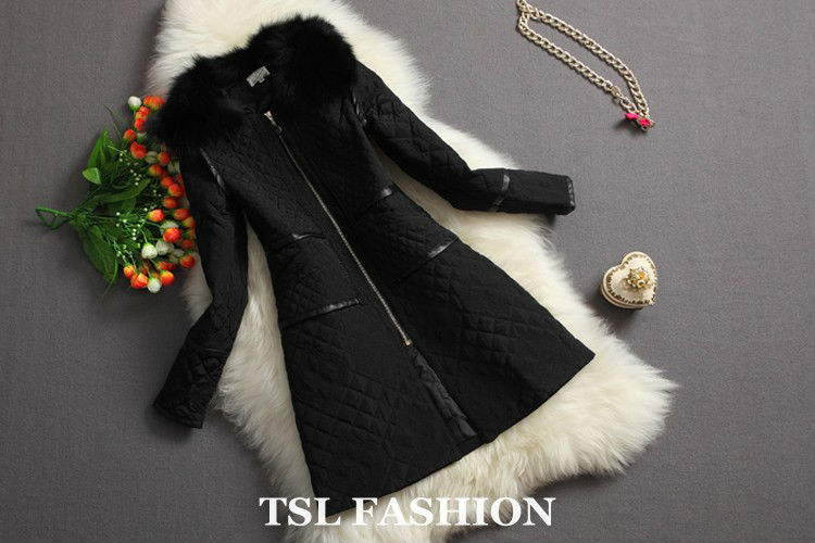 High quality fashion 2013 winter & spring coat for women Fur collar demountable PU edging Black White 4XL 5XL 6XL Free shipping