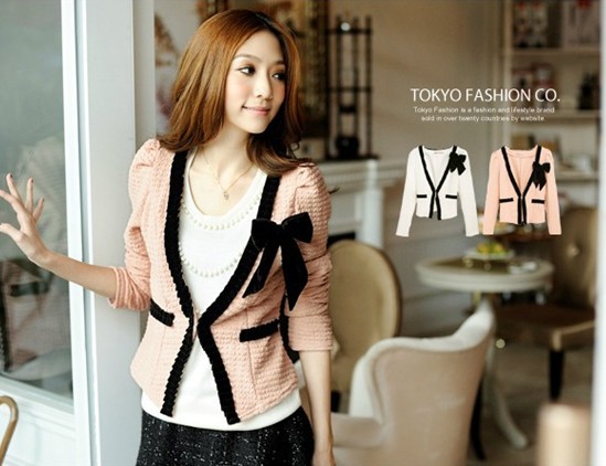 High Quality Fashion Deep V Collar Color Block Bowknot Decorated Puff Sleeve Long Sleeve Short Coat Pink/White Free Shipping