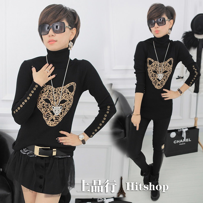 High-quality Fashion Winter cuff button leopard head pattern  long-sleeve sweaters women