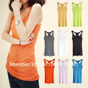 High quality female pocket paragraph modal tank 100% cotton slim hip long design candy color vest