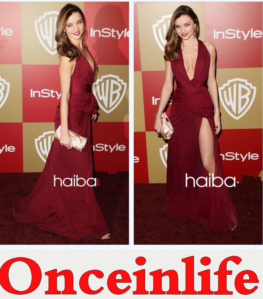 HIGH QUALITY Free Shipping Miranda Kerr Inspired V Neckline Sexy Slit Long Celebrity Red Carpet Dress 2013