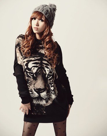 High Quality Free Shipping Stylish Tiger Printed Round Collar Long Sleeve Knitwear Sweater
