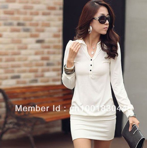 High Quality Free Shipping Summer 2013 Women Fashion Buttons Solid Slim Long-Sleeve Casual Cotton Ladies Dresses