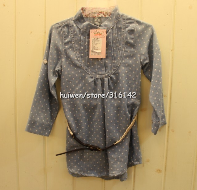 High quality girl jean shirt with dots and belt new style long sleeve 10pcs/lot  2203