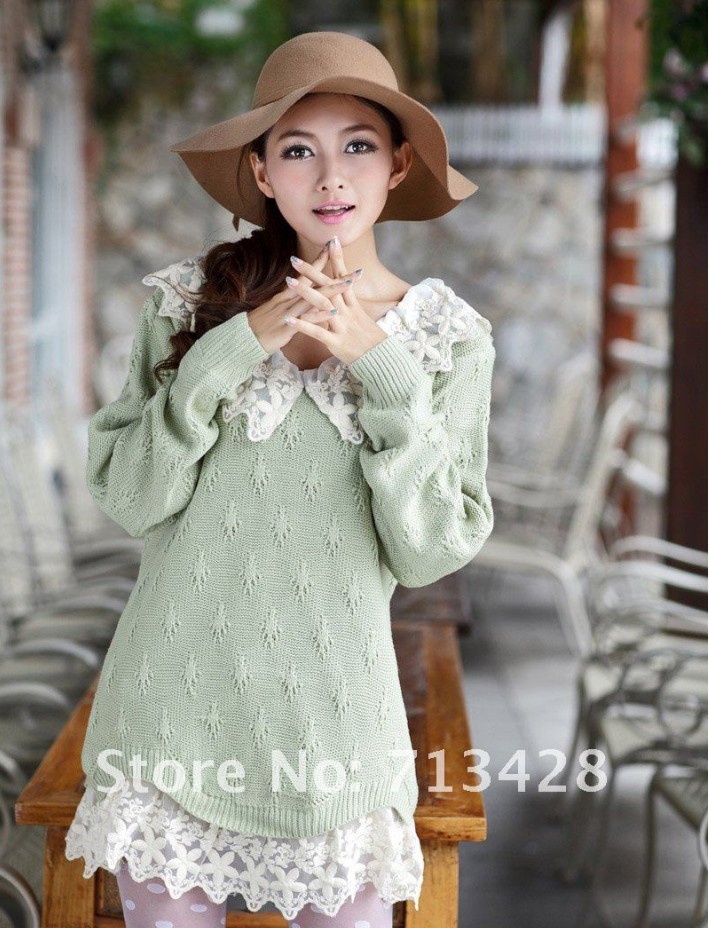 High Quality Hollow V-neck sweater,fashion Lace pure color medium style Pullovers knit ,free shipping C0035