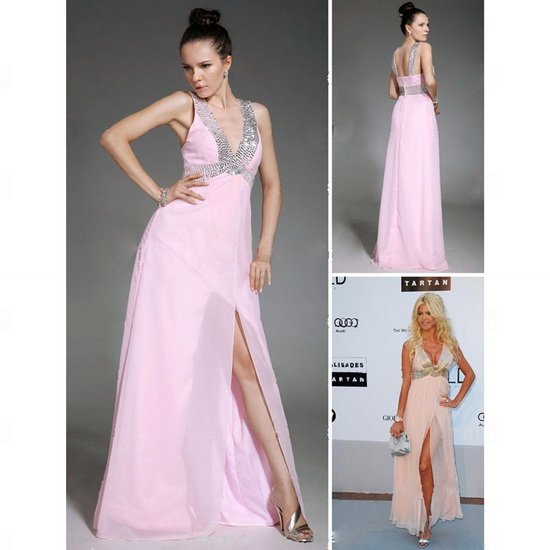 High quality!hot sale!chiffon pink V-neck sexy beaded front splited full-length evening dress celebrity dresses