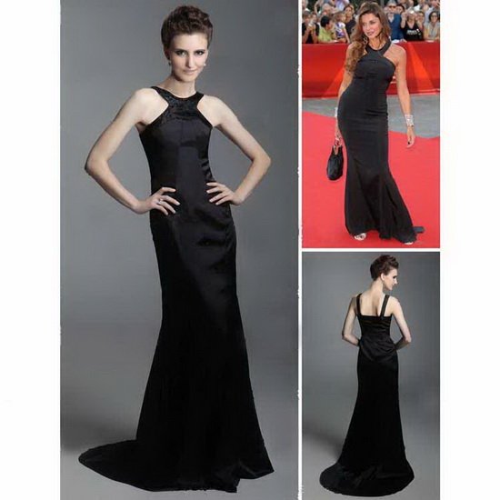 High quality!hot sale!halter black weep train lace A-line celebrity evening dress