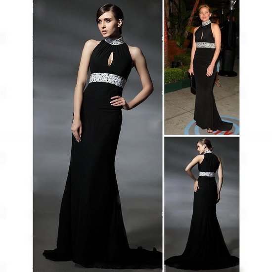 High quality!hot sale!sheath halter beaded black long train oscar like a star evening dress celebrity dresses