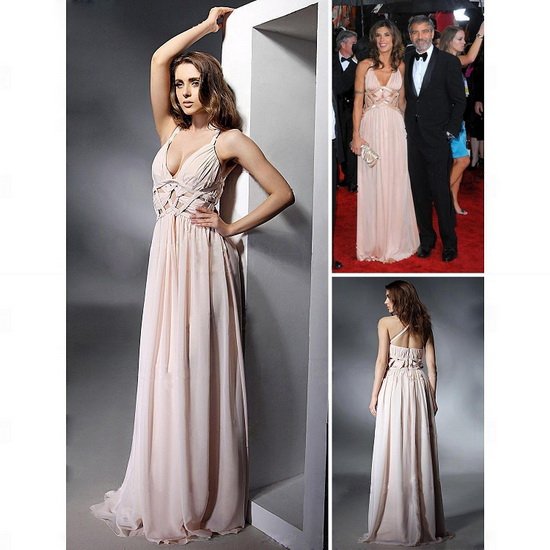 High quality!hot sale!V-neck chiffon full-legnth pink evening dress celebrity dresses