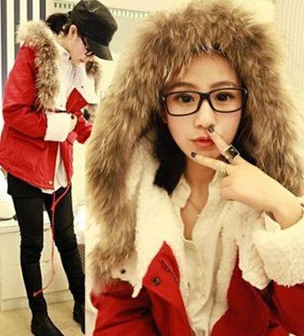High Quality Hot Sale Warm New Arrival Fur Hooded Collar Collect Waist Cotton Thicken Coat Red Free Shipping