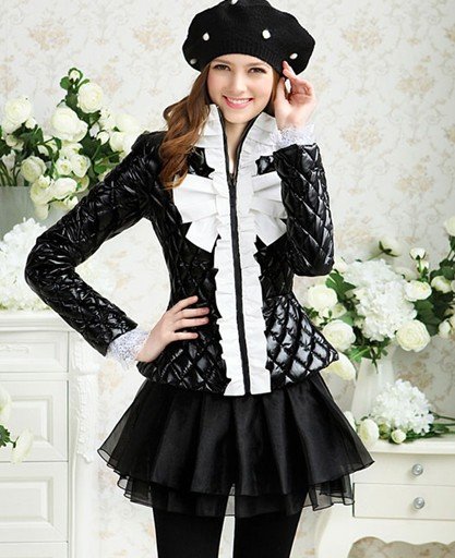 High Quality Hot Sale Warm New Arrival Lotus Leaf Bowknot Decorated Cotton Coat Black Free Shipping