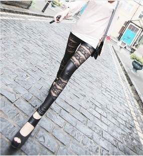 High quality lace faux leather horizontal stripe double ankle length legging rose legging