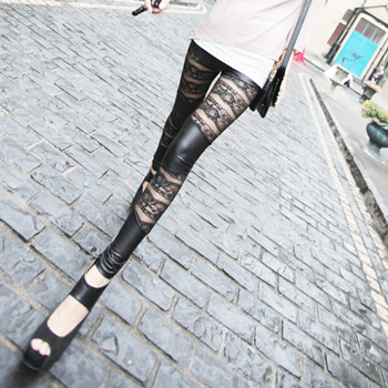 High quality lace faux leather horizontal stripe patchwork ankle length legging rose lace basic