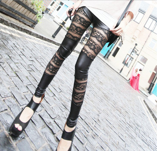 High quality lace h86-21 faux leather horizontal stripe double ankle length legging