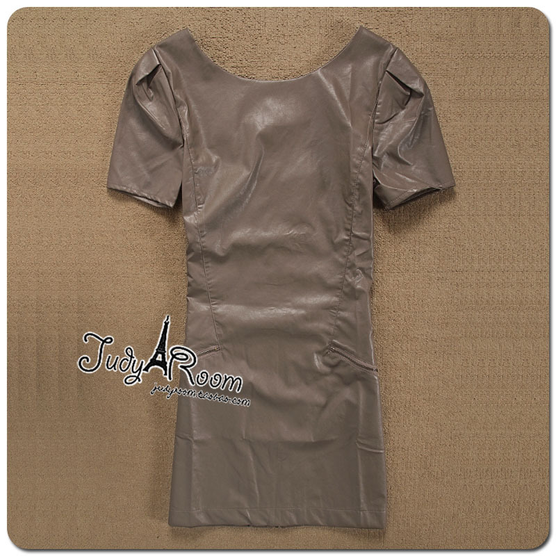High quality lady 2 sexy zipper leather short-sleeve slim one-piece dress