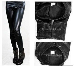 HIGH QUALITY Leggings Imitation leather mink pile base pants warm trousers bamboo charcoal nine minutes of pants