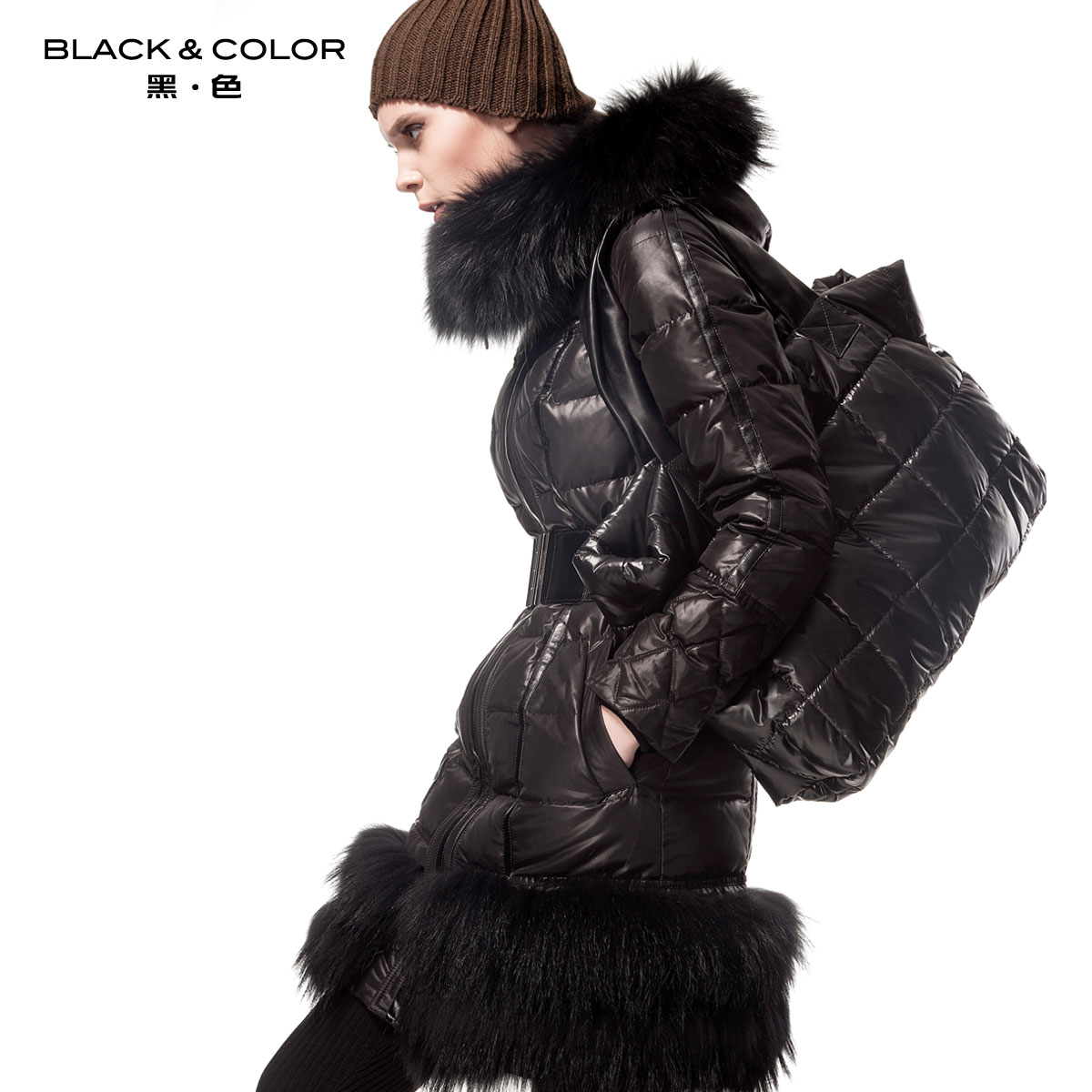 High quality Luxury star black long design down coat sweep raccoon fur 2012 ruslana korshunova Free Shipping