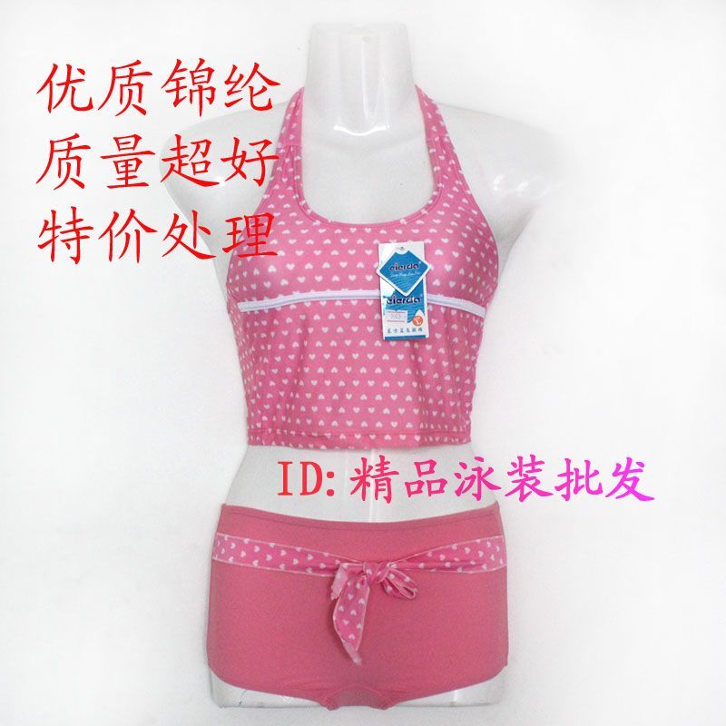 High quality nylon child swimwear female child boxer split swimwear polka dot pink lacing ploughboys swimwear