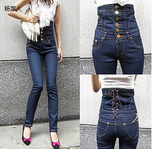 High quality ! Pants high waist gold buckle decoration classic jeans pencil pants