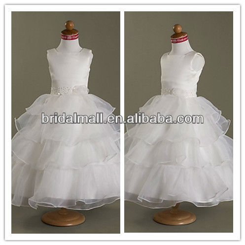 High Quality Princess stylish beaded Tiered Organza puffy ball gown White Cute Flower Girl Dresses 005