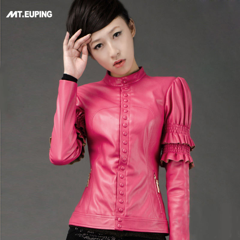 High quality product 2013 spring women's small stand collar ruffle short leather motorcycle clothing motorcycle jacket