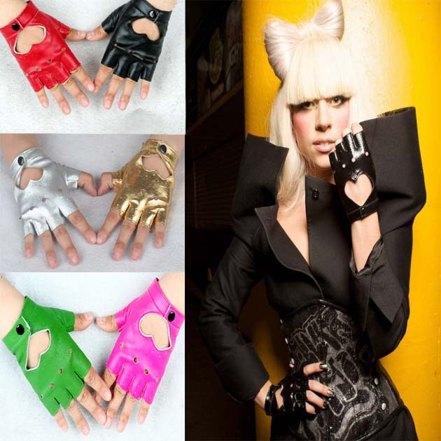 High quality PU faux leather gloves women's heart cutout gloves cute ! lady gaga