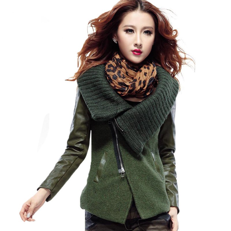 High quality series 2012 autumn outerwear large lapel knitted patchwork water washed leather woolen overcoat outerwear