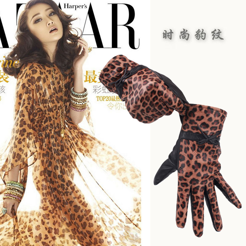 High quality suede fashion winter thermal women's sheepskin genuine leather gloves leopard print 013 Free Shipping