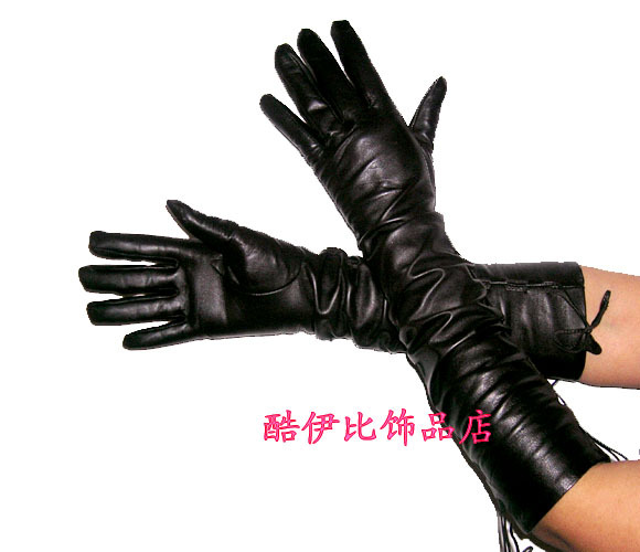 High quality suede long design genuine leather gloves pleated dual-use