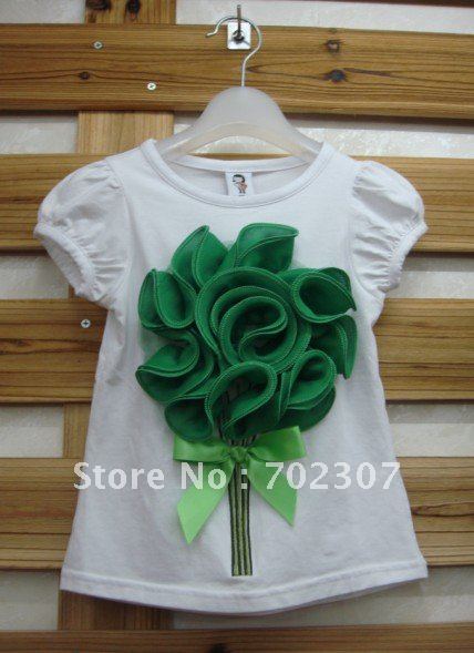 high  quality The latestr white Girls T-Shirts with greenFlowers  Short Sleeve T-Shirt . 5PCS/lot  H-13